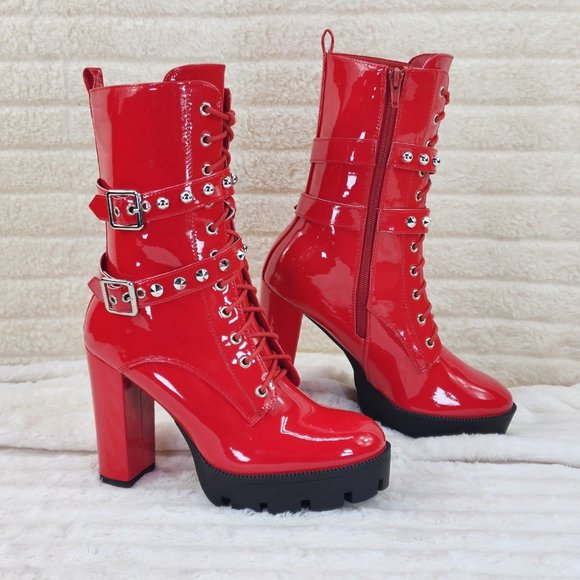 Bright Red Patent Lug Sole Studded Strap Ankle Boots Temptress - Picture 8 of 11